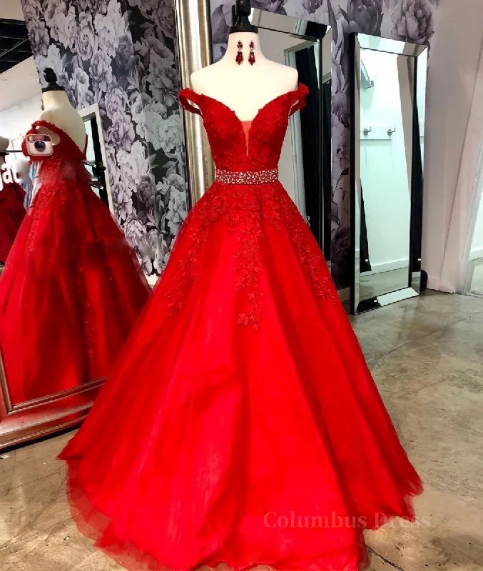 Red v neck tulle lace long Corset Prom dress, red tulle evening dress outfit Tulle Dress Soft