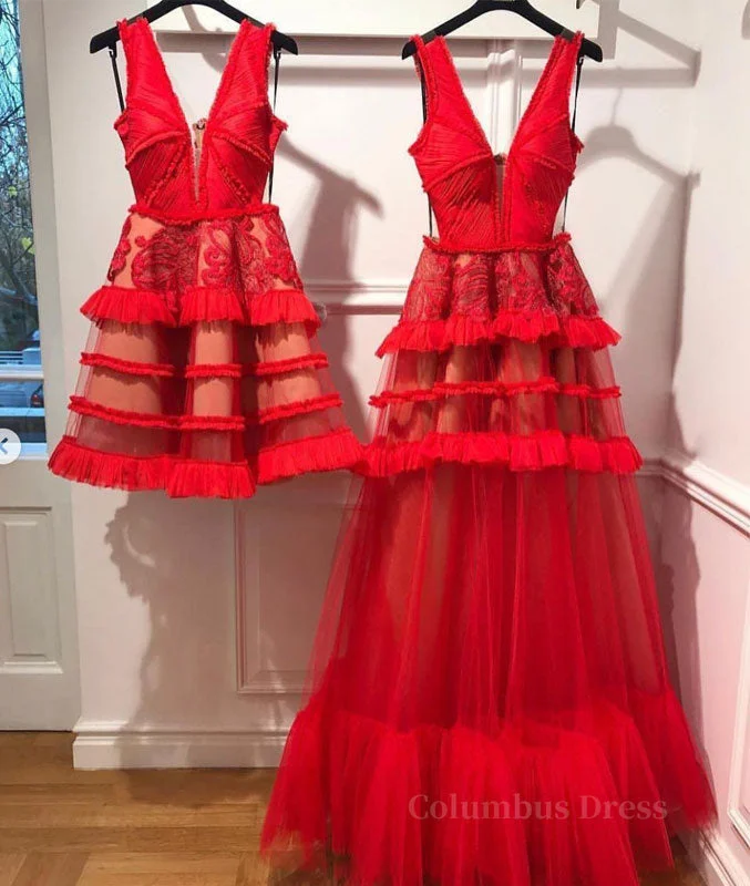 Red v neck tulle long Corset Prom dress, red tulle evening dress outfit Fluffy Tulle Dress