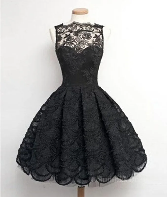 Retro A-line Black Lace Sleeveless Open Back Short Corset Prom Dresses, Corset Homecoming Dresses outfit Off-the-shoulder Lace