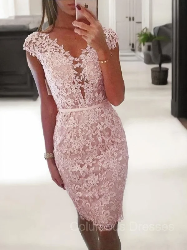 Sheath/Column V-neck Knee-Length Lace Homecoming Dresses Lace Dress Glamour