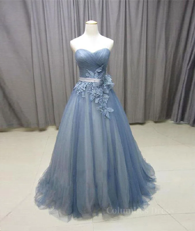 Simple gray blue tulle lace applique long Corset Prom dress, tulle evening dress outfit Ruffled Tulle Gown