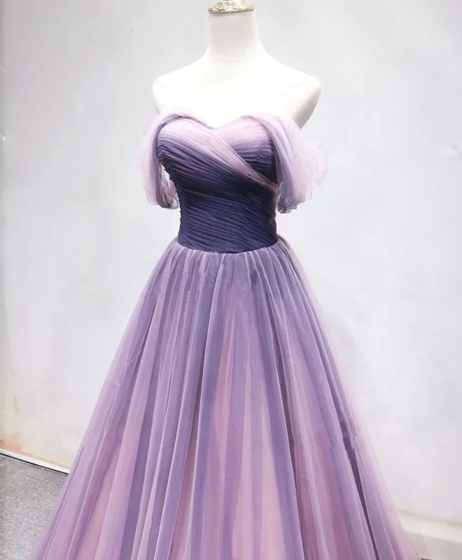 Simple Sweetheart Tulle Purple Long Prom Dress, Bridesmaid Dress Tulle Dress Sparkly