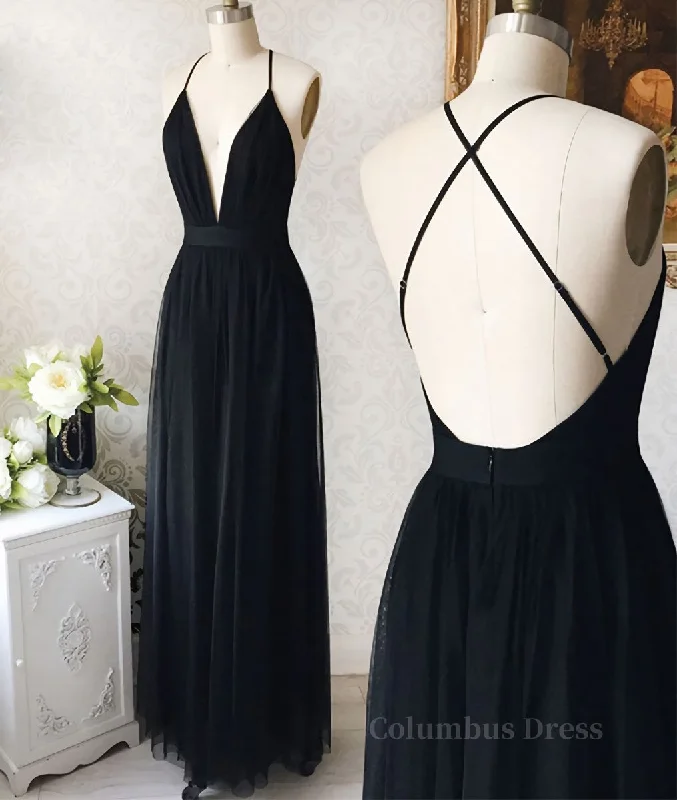 Simple v neck black tulle long Corset Prom dress, black evening dress outfit Sequin Tulle Dress