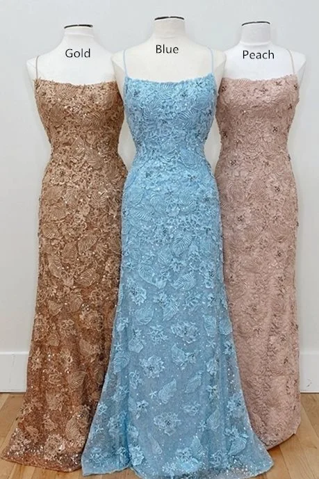 Straps Mermaid Blue Lace Appliques Long Prom Dress Lace Midi Dress