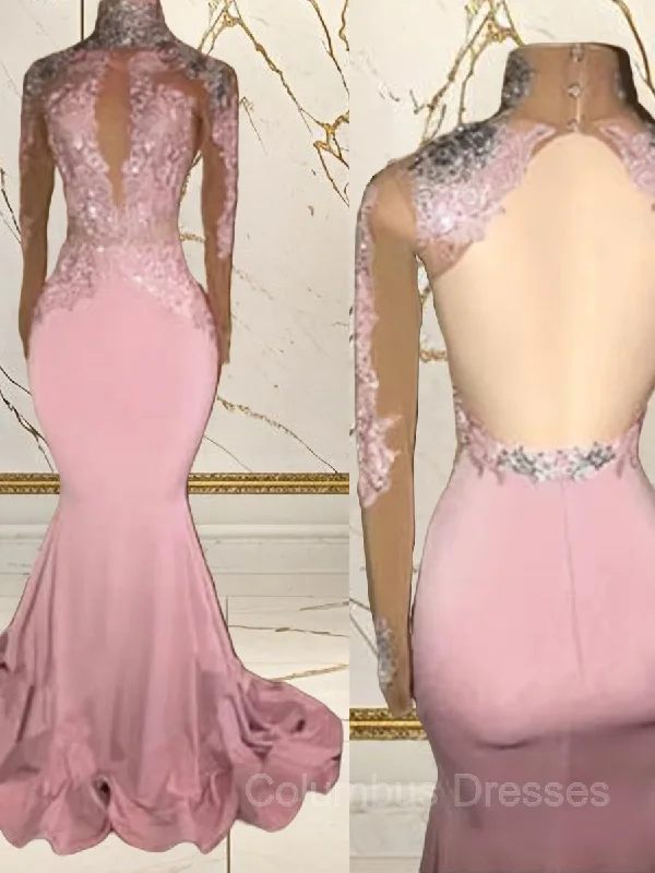 Trumpet/Mermaid High Neck Sweep Train Jersey Evening Dresses With Appliques Lace Lace Bridesmaid Gown