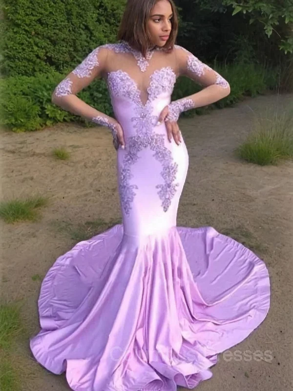 Trumpet/Mermaid Scoop Sweep Train Jersey Prom Dresses With Appliques Lace Lace Dress Glamour