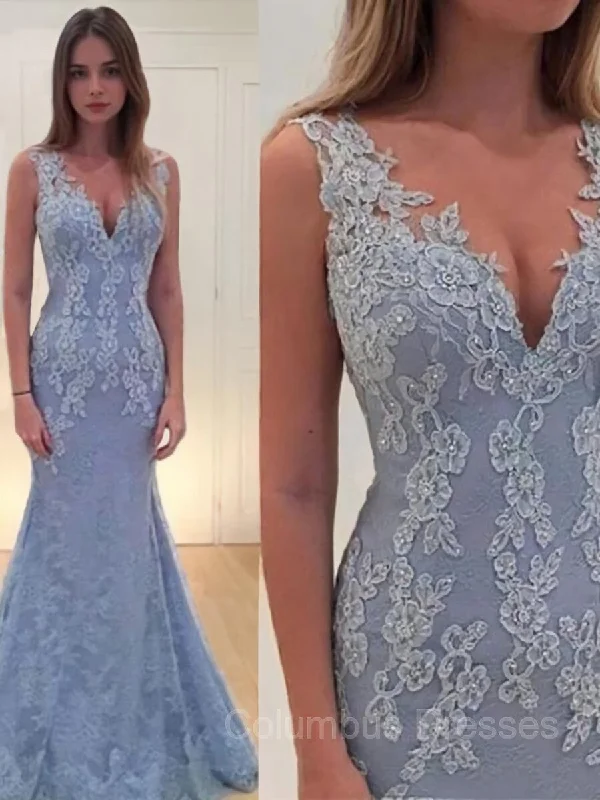 Trumpet/Mermaid V-neck Sweep Train Lace Prom Dresses With Appliques Lace Lace Dress Perfect