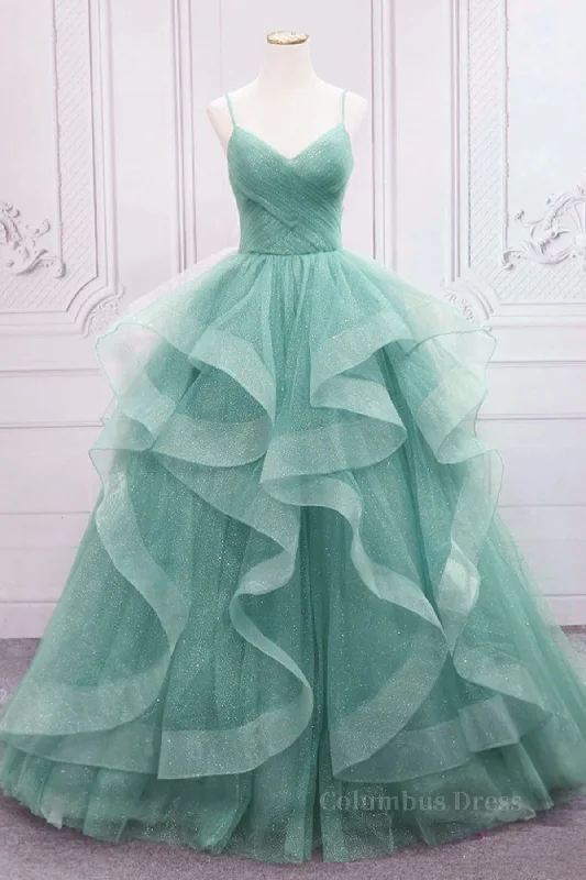 V Neck Open Back Fluffy Green Tulle Long Corset Prom Dresses, Green Corset Formal Evening Dresses, Corset Ball Gown outfits Glitter Tulle Dress