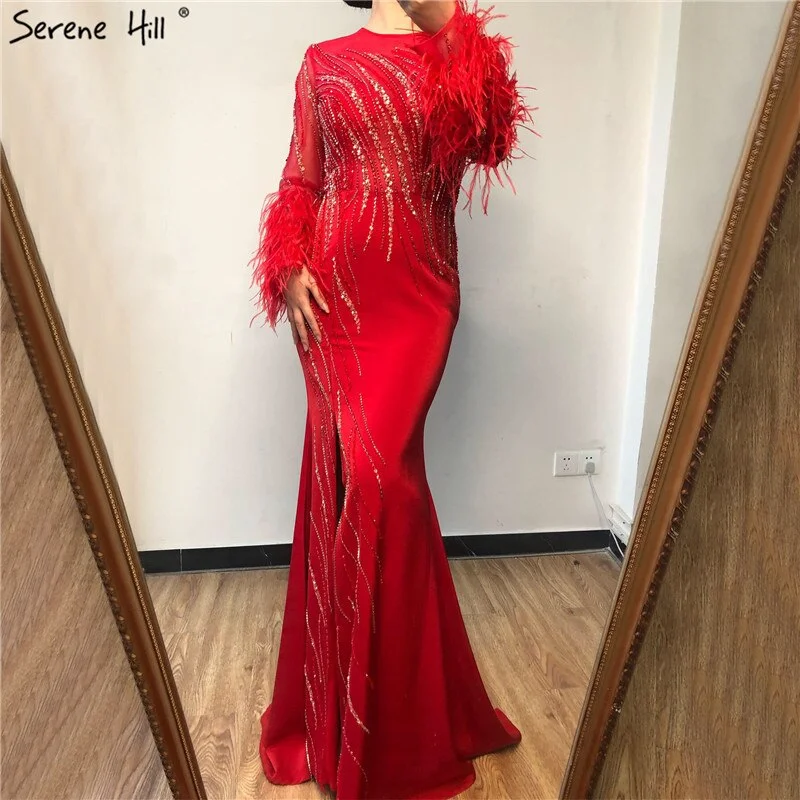 On Sale no return no refundSale Dubai Red O-Neck Sequined Beading Evening Dressese Feathers Long Sleeves Mermaid Formal Dress 2024 Serene Hill LA70379 Sequin Dress Look