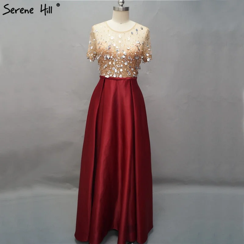 On Sale No Return No Refund Dubai Wine Red Short Sleeves Evening Dresses Design 2024 Satin Sequined Beading Beach Evening Gowns Serene Hill LA60740 Plus Size Sequin