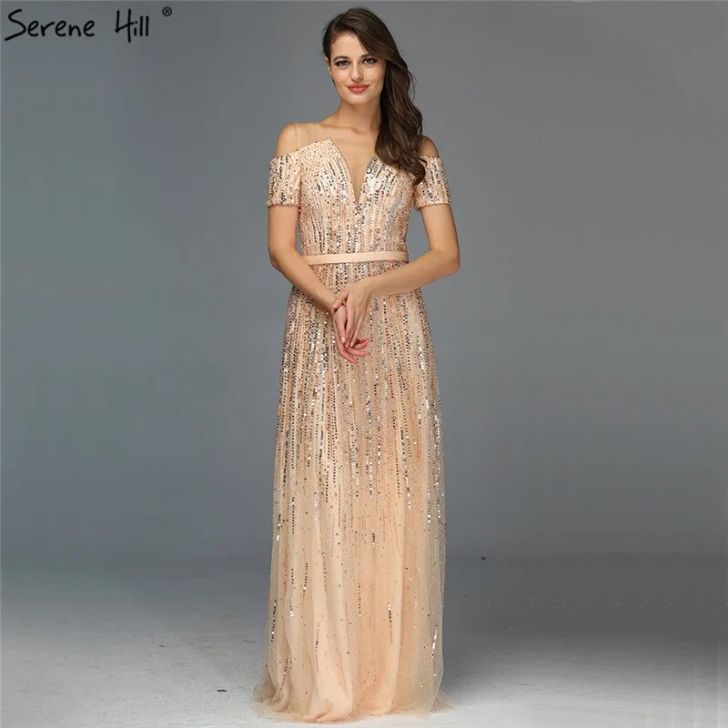 Sale Gold Luxury Sexy V-Neck Evening Dressese 2024 Short Sleeve Beading Sequined A-Line Evening Gowns Serene Hill LA70151 Sequin Dress Night