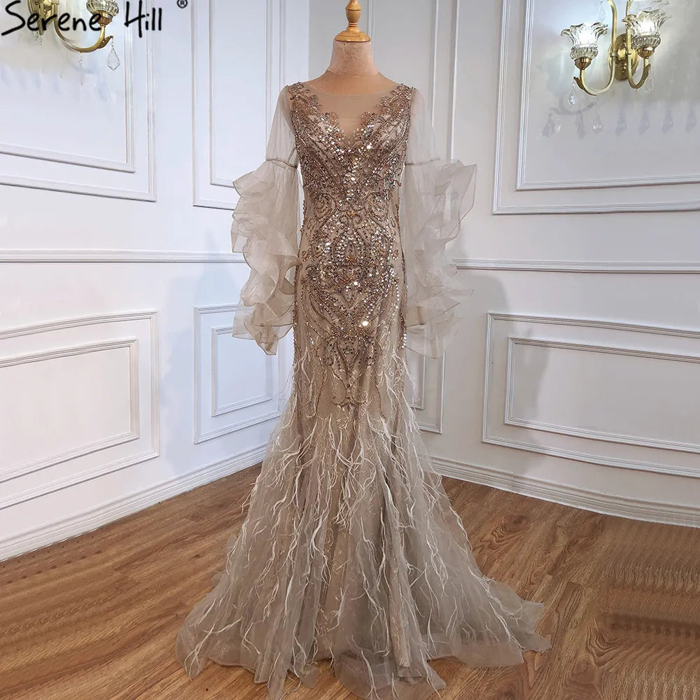 Gold Petal Long Sleeve Mermaid Evening Dresses 2024 Luxury Sparkl Sequins Beaded Sexy Formal Dress Serene Hill LA70410 Off-shoulder Sequin Dress