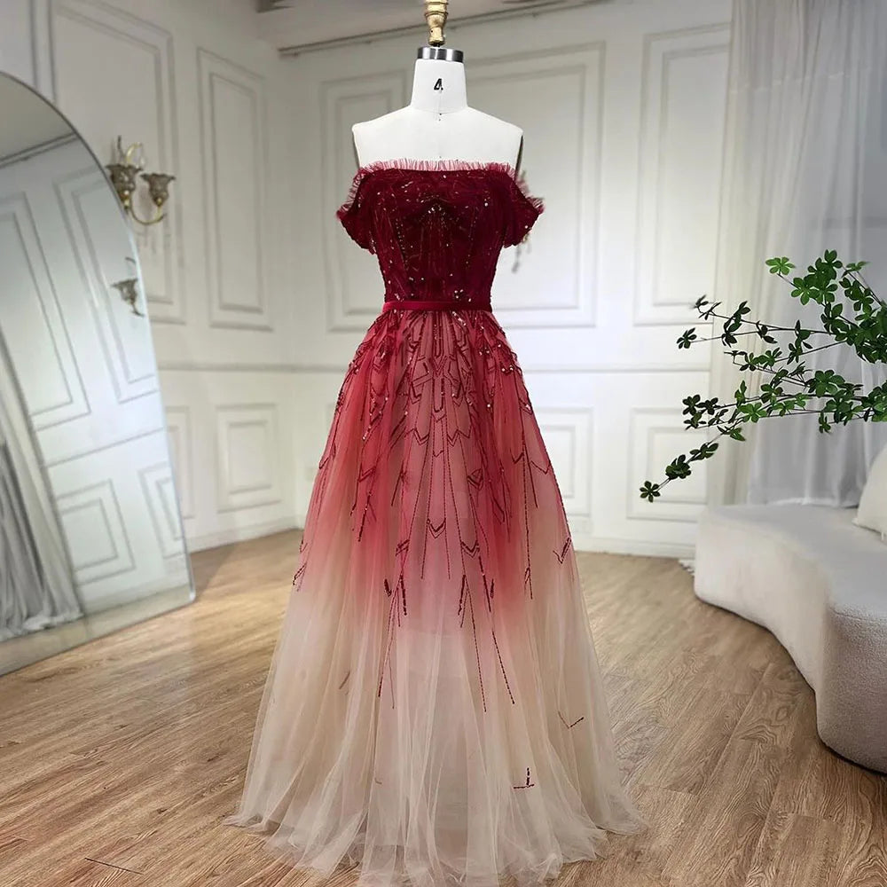 Gradual Change Red A-Line Sexy Evening Dresses 2024 Beading Sequins Boat Neck Formal Dress Design Serene Hill LA70516 Sequin Dress Night