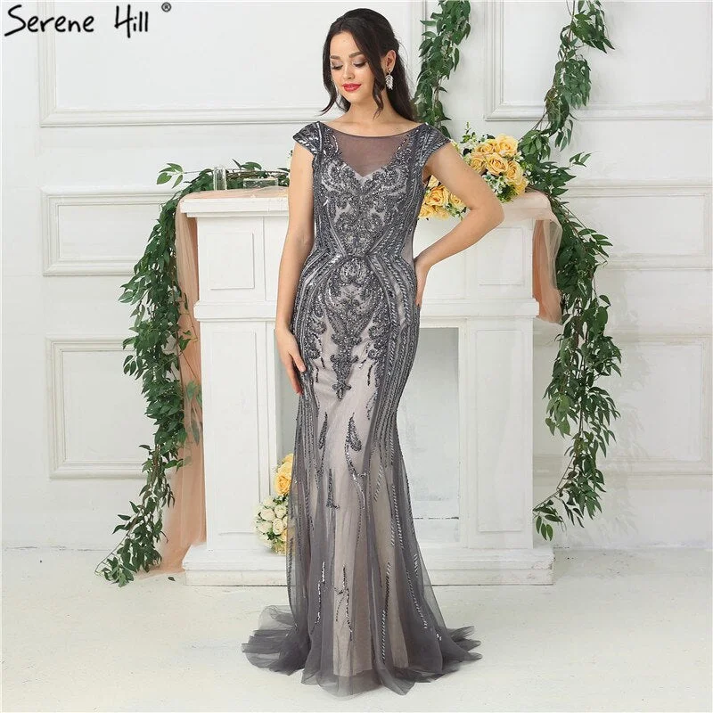 On Sale no return no refundSale Grey High-end Luxury Dubai Design Evening Dress Beading Sequined Sleeveless Sparkle Evening Gowns 2024 Serene Hill LA6679 Sequin Detail Dress