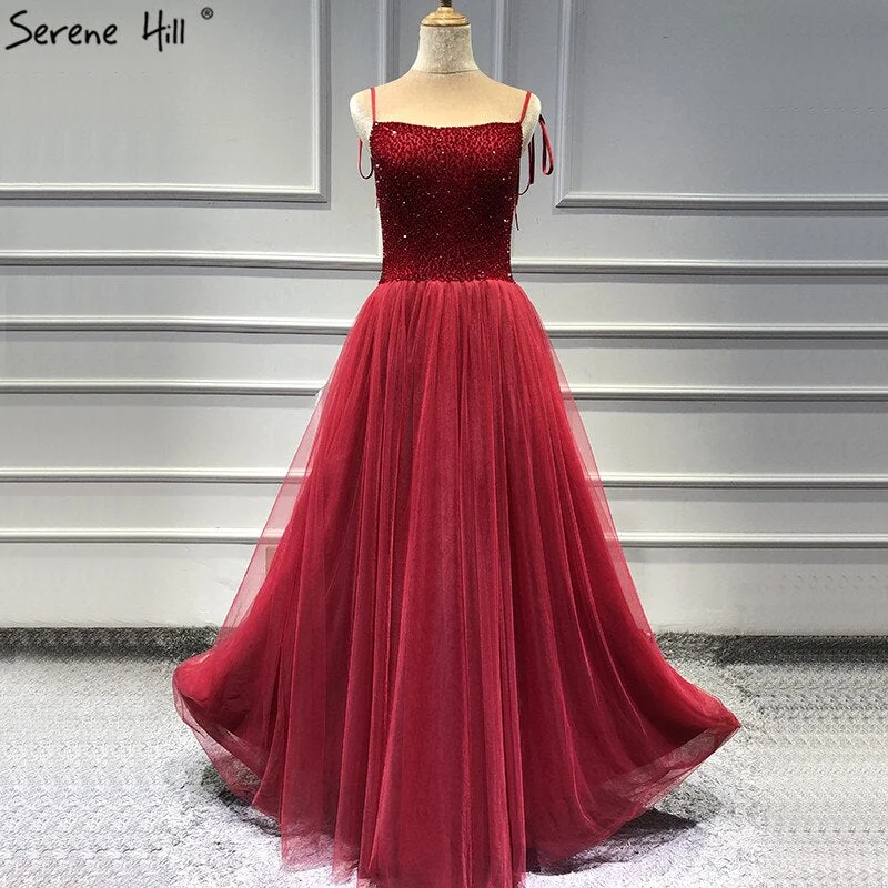 On Sale no return no refundSale Red Strapless Sexy A-Line Evening Dresses Latest Design Sleeveless Sequined Beading Formal Dress Real Photo LA70004 Backless Sequin Dress