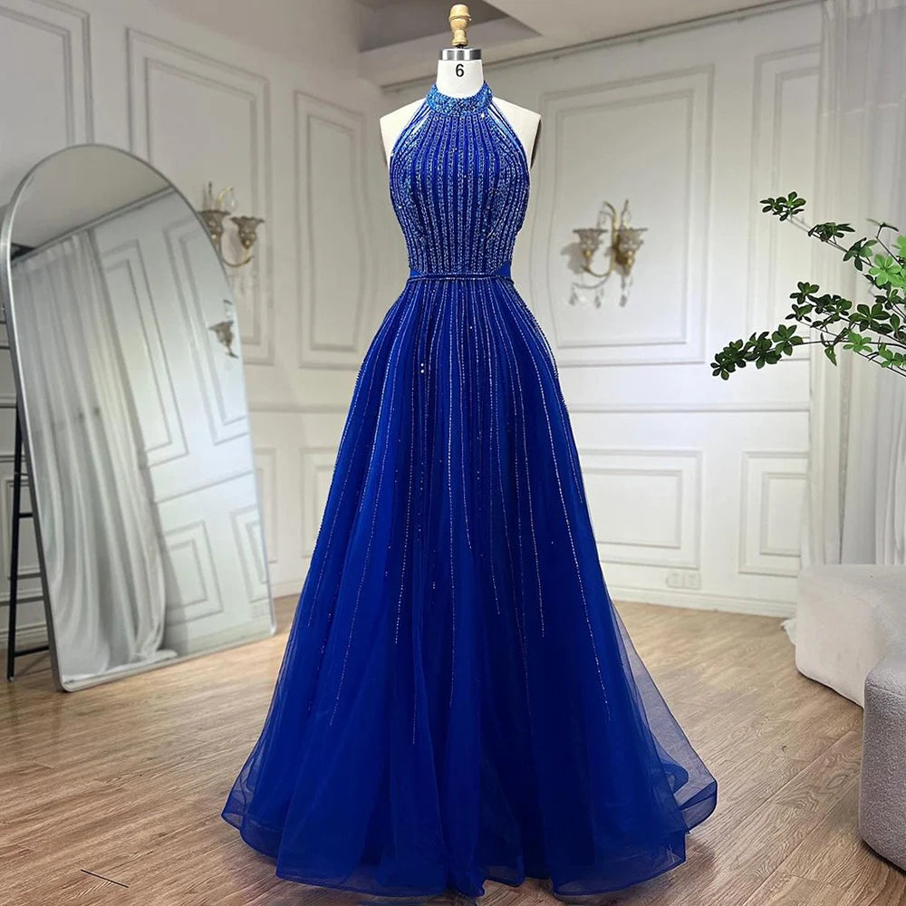 Serene Hill Arabic Blue Elegant A Line Luxury Evening Dresses Dubai Sequins Beaded Tassel Formal Halter Dress 2024 LA72227 Satin Sequin Dress