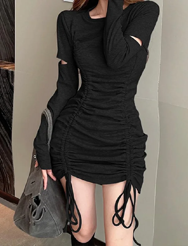 Black Long Sleeve Hem Short Drawstring Slim Bodycon Dress Bold Bodycon Look