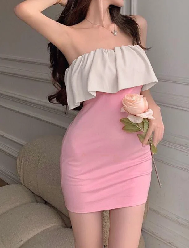 Contrast Color Strapless Party   Bodycon Dress For Elegant Bodycon Dress