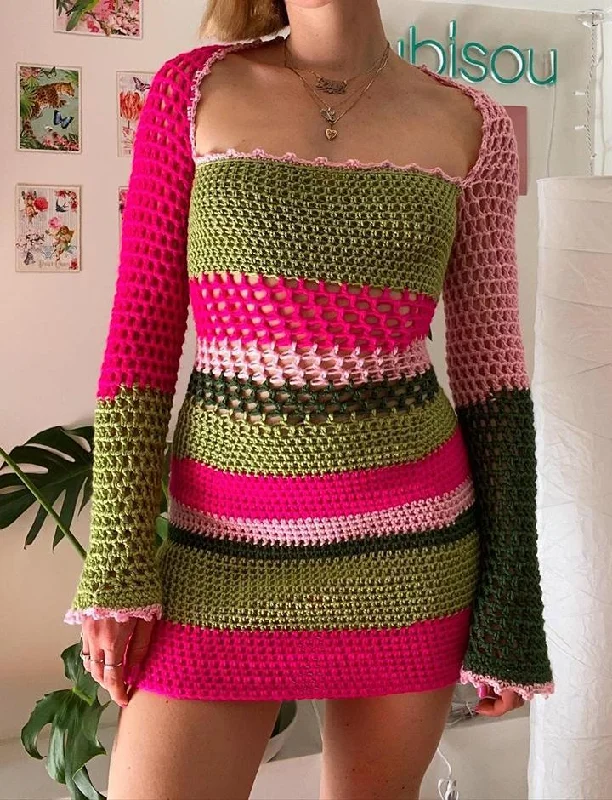 Crochet Striped Colorblock Bodycon Short Dress Form-fitting Bodycon Dress