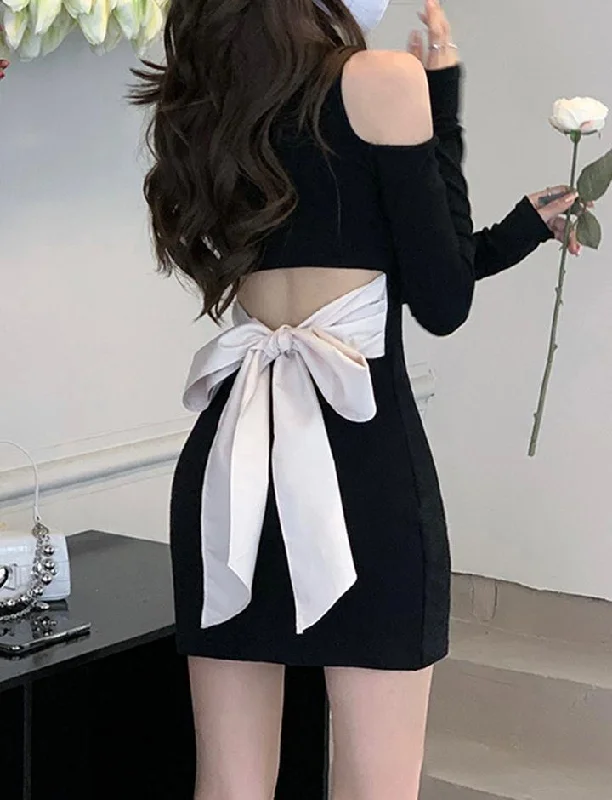 Off Shoulder Asymmetric Bow Summer Party Black Bodycon Dress Party Bodycon Dress