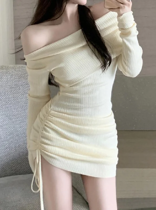 One Shoulder Drawstring Pleated Long Sleeve Bodycon Dress Long Sleeve Bodycon