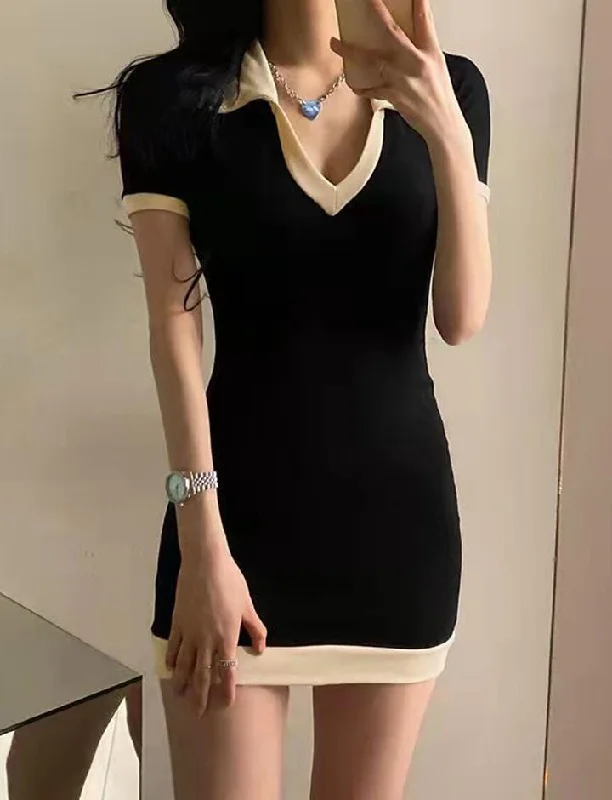 Slim Polo Neck Casual Black Bodycon Short Dress Satin Bodycon Dress