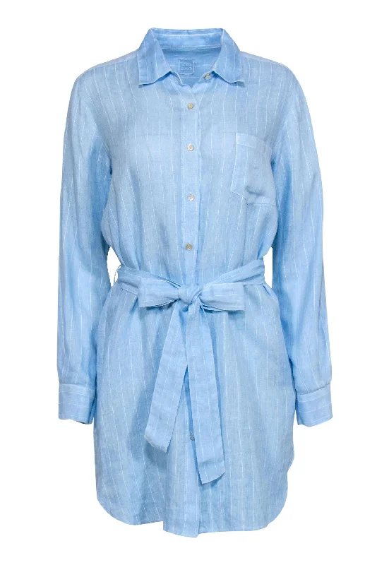 120% Lino - Light Blue & White Pinstripe Linen Shirtdress Sz S Tartan Shirt Dress