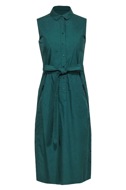 Akris - Hunter Green Sleeveless Snap Front Shirtdress w/ Belt Sz 4 Printed Button Shirt