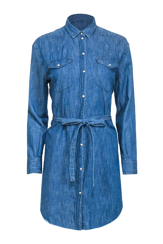 All Saints - Chambray Snap-Up Belted "Zelda" Shirtdress w/ Frayed Hem Sz M Button Front Shirt