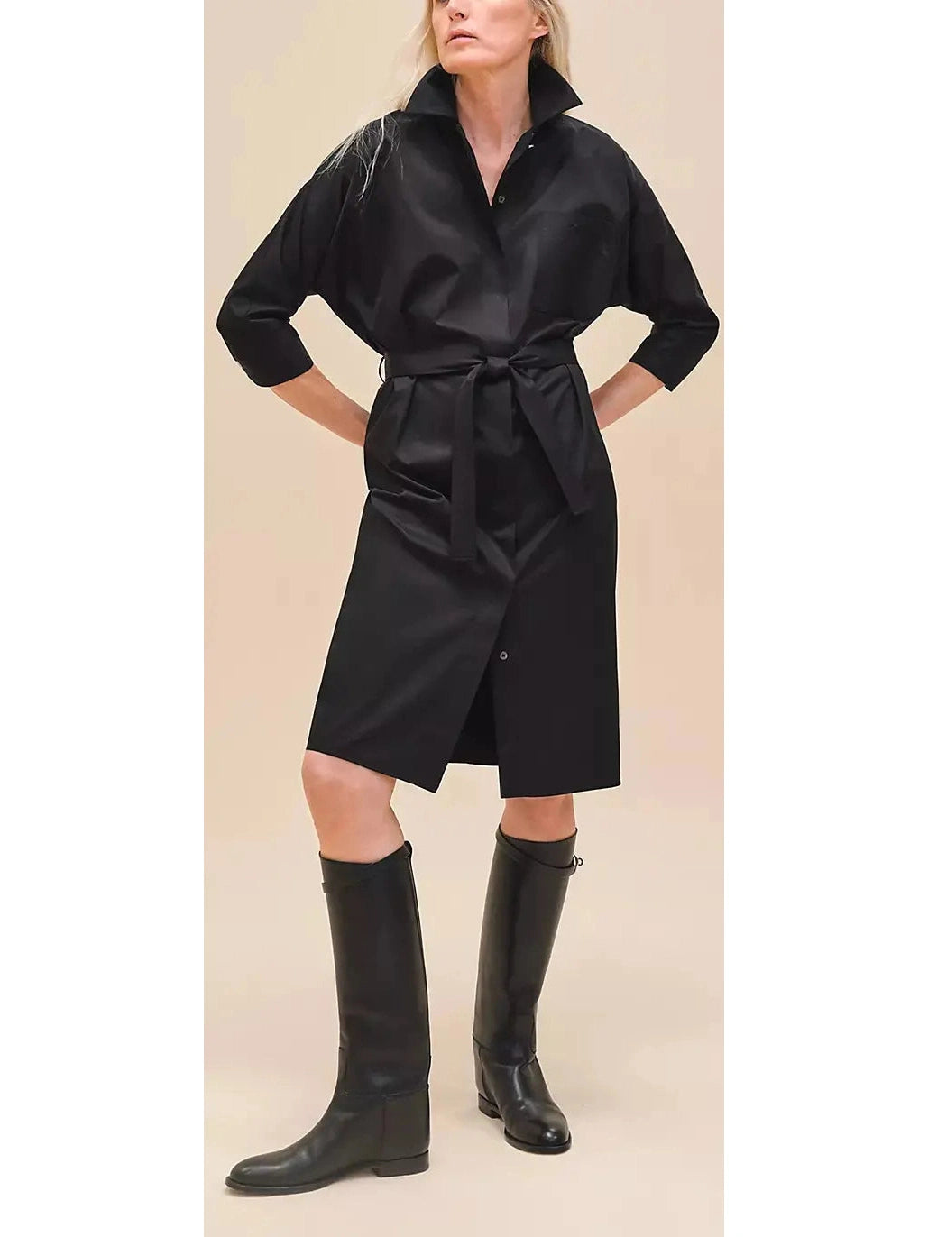 Belted Shirt Dress in Cotton Twill, Black Relaxed Shirt Gown