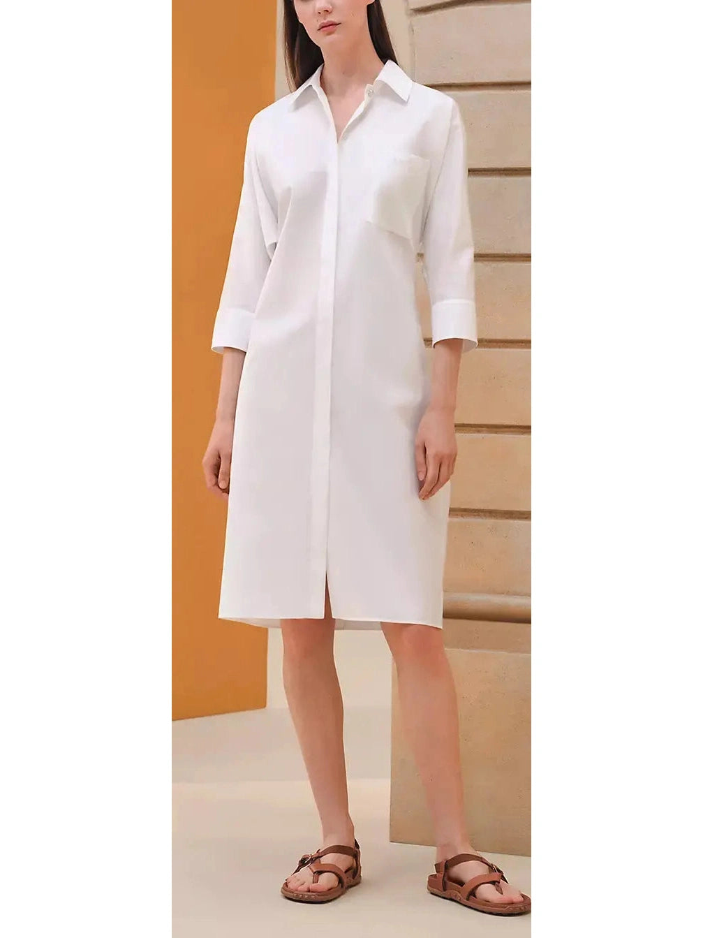 Belted Shirt Dress in Cotton Twill, White Formal Shirt Gown