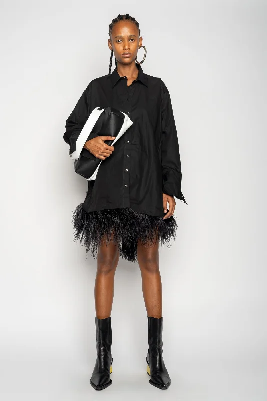 BLACK FEATHER HEM SHIRT DRESS Chic Shirt Dress