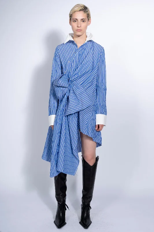 BLUE STRIPED SHIRT DRESS WITH SIDE BOW Shirt Dress Fashion