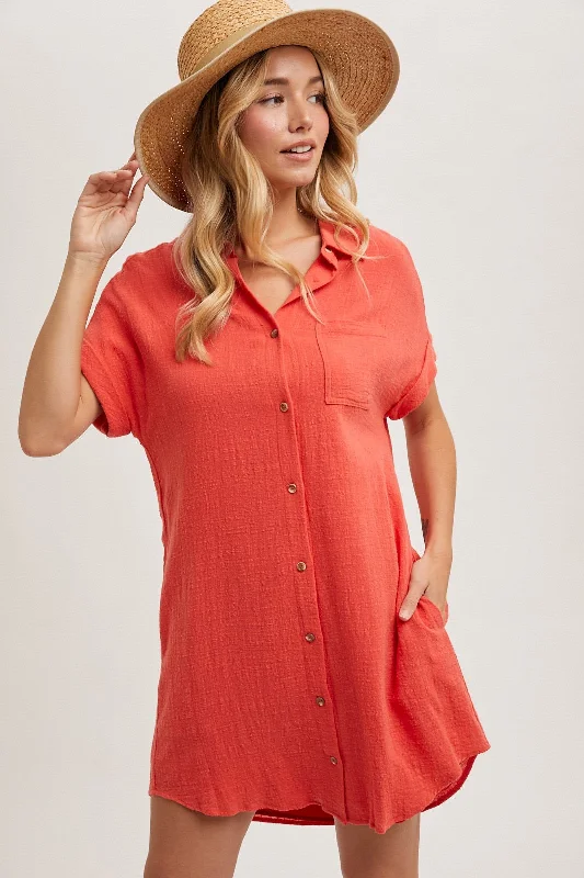 Button Up Shirt Dress Coral Shirt Dress Style