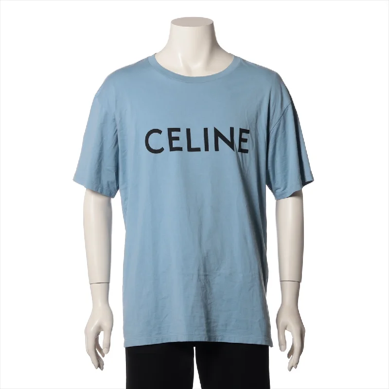 Celine Logo Cotton T-shirt Light Blue Button Detail Shirt