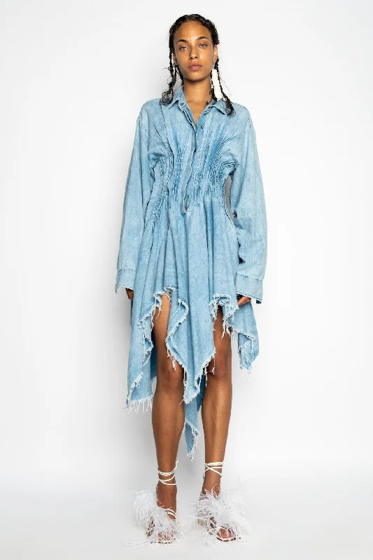 CHAMBRAY PLEATED SHIRT DRESS Cotton Shirt Dress