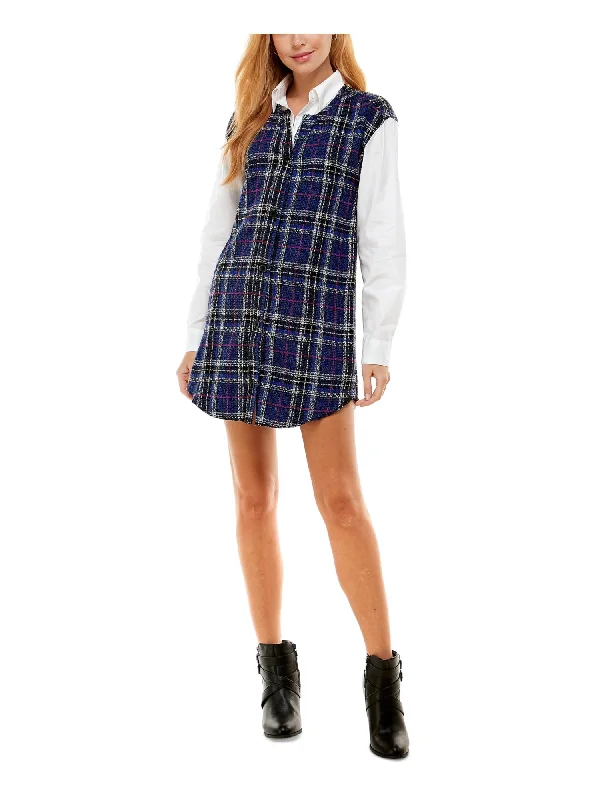 CITY STUDIO Womens Textured Plaid Long Sleeve Point Collar Short Shirt Dress Elegant Shirt Dress