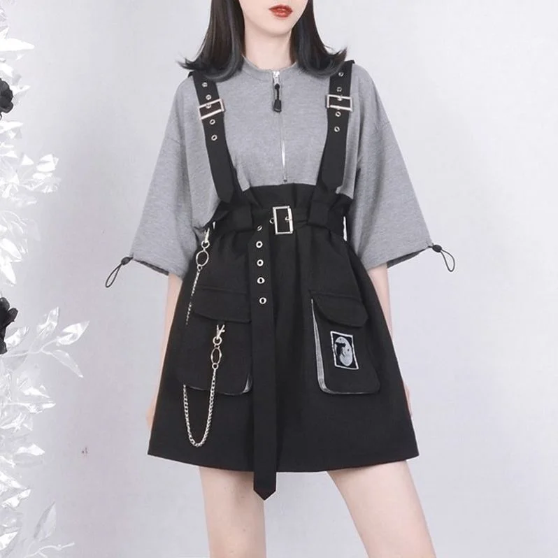 Edgy Punk Zipper Chain Pocket Belt T-Shirt Dress Feminine Shirt Dress