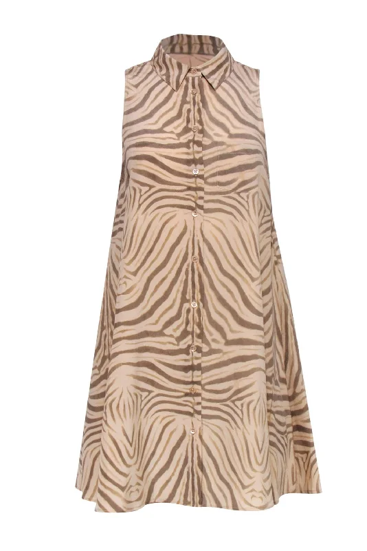 Equipment - Beige Zebra Print Sleeveless Silk “Mina” Shirtdress Sz S Light Shirt Dress