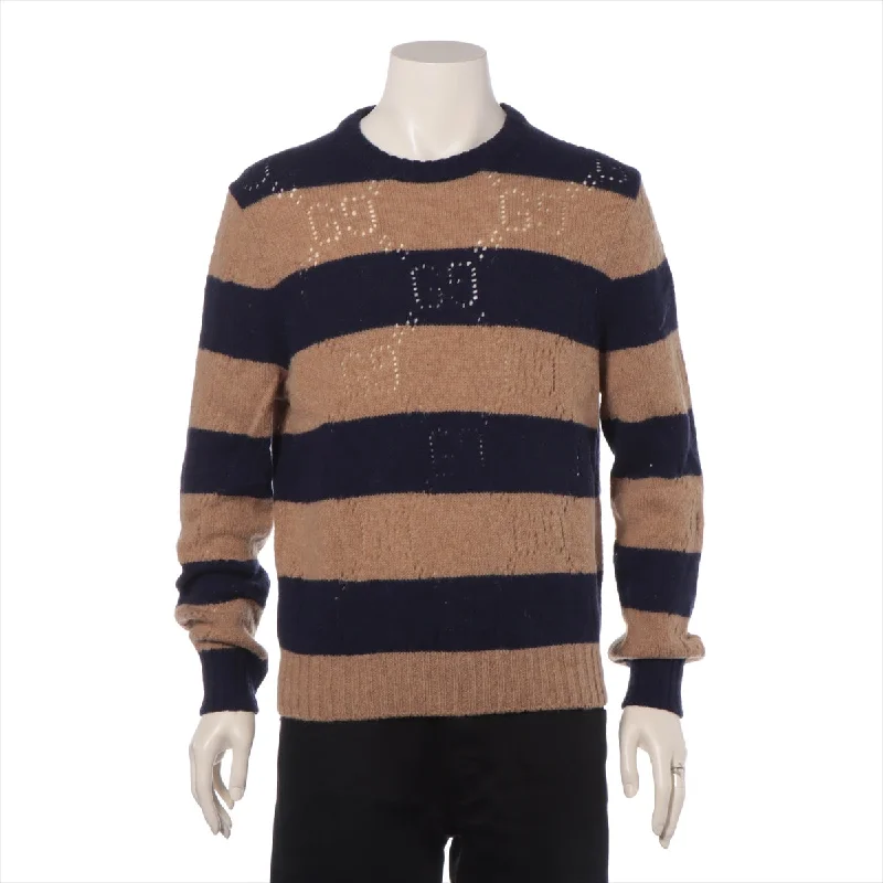 Gucci Perforated GG Pattern Stripe Knit Sweatshirt Brown x Navy Blue Shirt Dress Casual