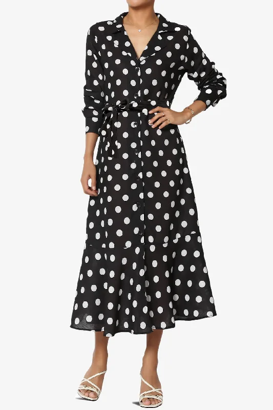 Jasper Polka Dot Tie Waist Ruffle Shirt Dress Sleeveless Shirt Dress