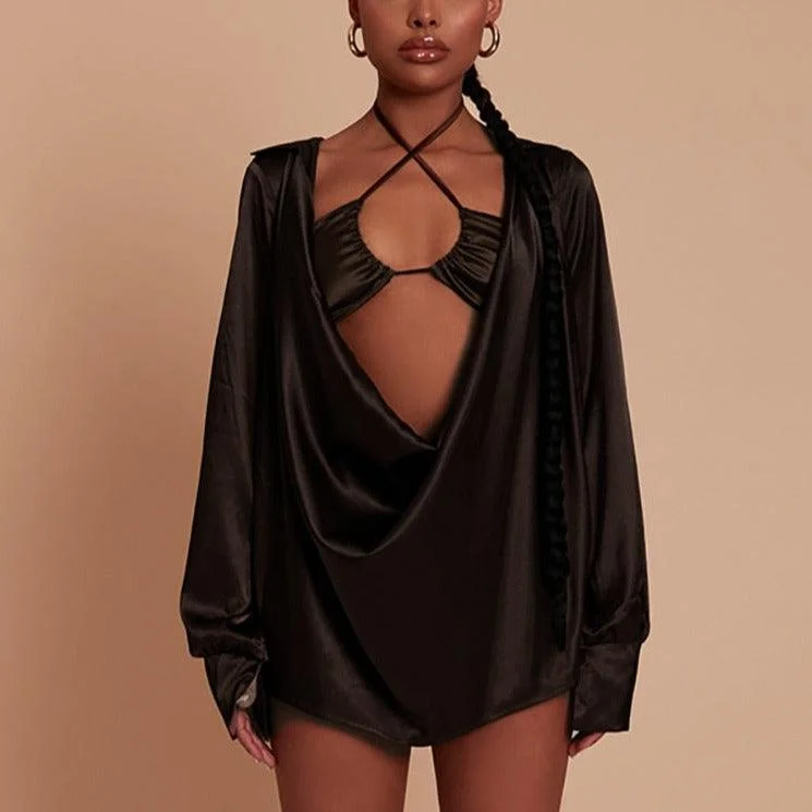 KittenAlarm - Joanne Halter Neck Bralette & Oversized Shirt Dress Button-up Shirt Dress