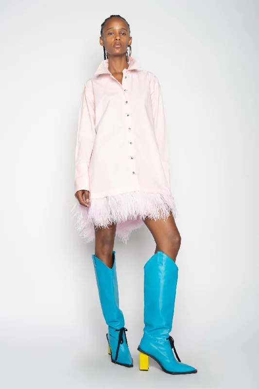 LIGHT PINK FEATHER HEM SHIRT DRESS Fashion Shirt Dress