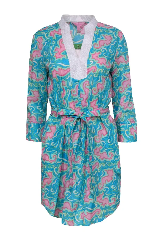 Lilly Pulitzer - Pink & Teal "Pillar" Cotton Shirtdress Sz S Blue Shirt Dress