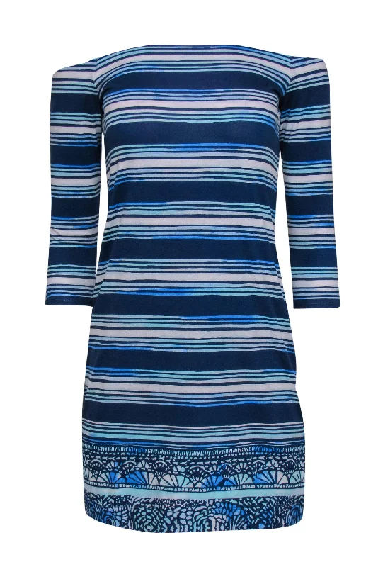 Lilly Pulitzer - Blue Striped Off-the-Shoulder "Lurana" T-Shirt Dress Sz XS Sexy Shirt Gown