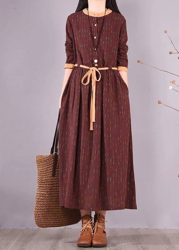 Modern O Neck Tie Waist Spring Wardrobes Shirts Burgundy Striped Dresses Formal Shirt Dress