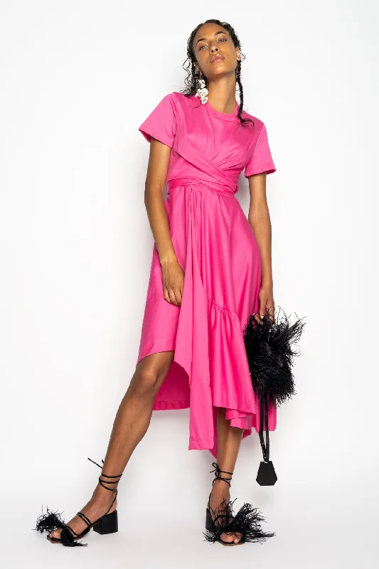 PINK CROSS WAIST DRAPE T-SHIRT DRESS Linen Shirt Dress