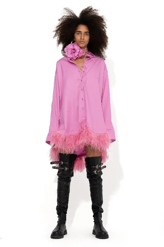 PINK FEATHER HEM SHIRT DRESS Long Sleeve Shirt