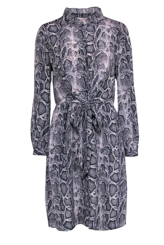 Rebecca Taylor - Grey Snakeskin Print Tied Silk Shirtdress Sz 6 V-neck Shirt Dress