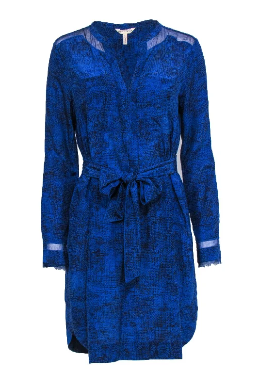 Rebecca Taylor - Cobalt & Black Pixel Abstract Print Silk Shirtdress Sz 8 Soft Shirt Dress